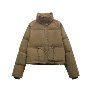 Modische Winter-Kurzpufferjacke für Damen mit Stehkragen in Olivbraun
