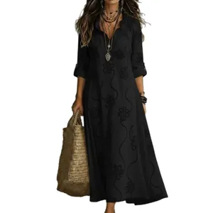 Elegant black long sleeve maxi dress with 3D floral prints for women's spring fashion