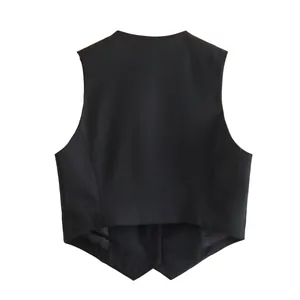 Back view detail of a black slim-fit fashion casual waistcoat vest for women top