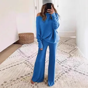 Elegante set da casa in maglia blu due pezzi da donna con maniche a pipistrello e gamba larga