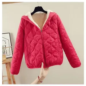 Warm pink quilted hooded jacket featuring soft white fleece lining for cold weather
