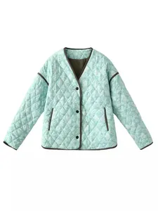 Chic mint green V-neck paisley quilted jacket for women with brown trim accents