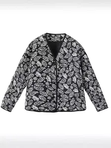 Women's chic V-neck paisley print quilted jacket for autumn and winter casual wear