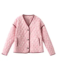 Stylish pink paisley print quilted V-neck jacket for women, lightweight cotton coat.