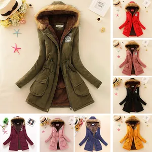 Women Winter Mid-length Parka Jacket Faux Fur Collar Lamb Wool Lined Padded Coat With Drawstring Waist Hooded Cargo Outerwear