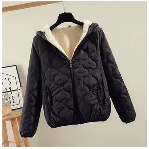 Women's stylish black quilted hooded jacket with warm white fleece lining and front zipper