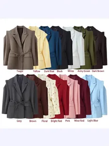 Women's European Style Blazer Polyester Waist Tie Wide Shoulder Pad Jacket Casual Streetwear Solid Floral Outerwear Top