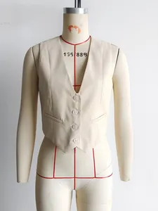 Elegant women's slim fit V-neck waistcoat in beige featuring a four-button front closure