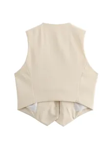 Back view of a slim-fit cream women's vest waistcoat with structural seams