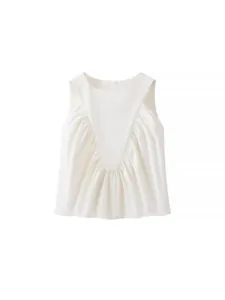 Elegant white pleated sleeveless tank top for women with minimalist round neck design