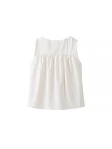 Elegant white sleeveless vest top for women with chic pleated details and round neck