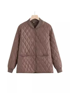 Oversized bruine gewatteerde jas met geribbelde kraag en knoopsluiting voor de herfst