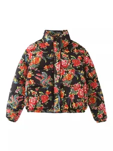 Women Printed Floral Puffer Jacket Stand Collar Zip Up Short Cotton Padded Coat Winter Warm Quilted Streetwear Outerwear