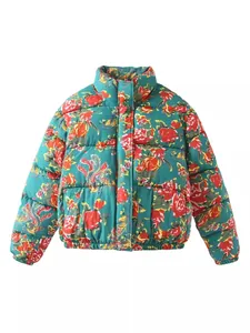 Vintage women's teal puffer jacket with red floral and peacock print, stand collar design