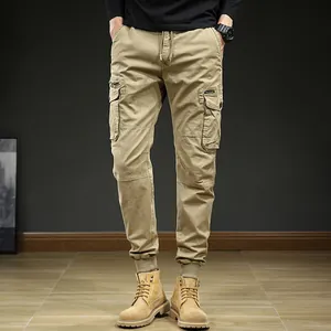 Professional men's Japanese style khaki cargo pants with drawstring and multi-pockets