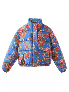 Women's blue puffer jacket with vibrant red floral and dragon print for winter