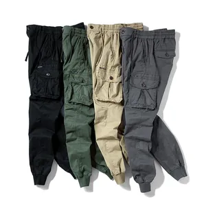 Men's loose multi-pocket cargo jogger pants available in black, green, khaki, and grey
