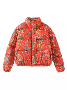 Vibrant red floral print puffer jacket for women with high collar and quilted design.
