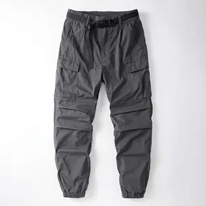 Men's Japanese style grey cargo pants with multi-pockets and adjustable belt