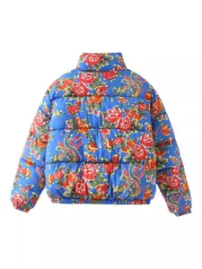 Women's blue floral and dragon print puffer jacket for 2024 winter fashion