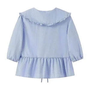 Elegant blue and white gingham check blouse featuring a ruffle Peter Pan collar for women