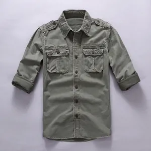 Men's vintage military green cotton cargo shirt with dual flap pockets