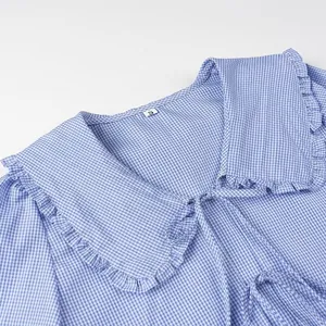 Detail shot of ruffled Peter Pan collar on blue and white gingham blouse for women