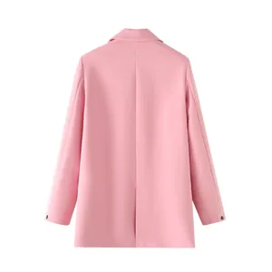 Detailed back view of a stylish pink casual blazer for women featuring a neat back slit