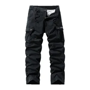Men's outdoor pure cotton loose straight-leg tactical cargo pants in classic black finish