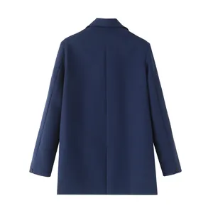 Back view of a classic navy blue tailored blazer for women with a back slit detail