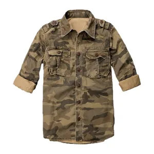 Vintage American style men's camouflage slim fit cotton workwear shirt with long sleeves