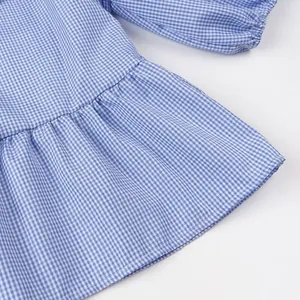 Detailed view of blue and white gingham blouse with ruffled hem design