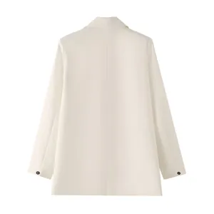 Back view detail of a stylish light gray tailored women's casual blazer jacket