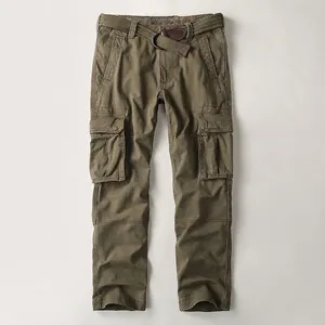 Vintage olive green cotton cargo pants for men with multi-pockets and matching belt