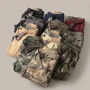 Vintage American style men's multi-pocket cargo pants in camouflage and solid colors