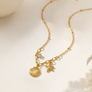 Ocean Style Titanium Steel Starfish Shell Pendant Necklace Anklet Gold Steel Color Zirconia Clavicle Chain Jewelry For Women