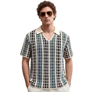 Polo en Tricot au Crochet Rayé pour Hommes Style Vintage Américain Coupe Large Haut à Manches Courtes Décontracté Été