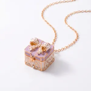 Elegant purple gift box locket necklace with pearl bow and gold chain