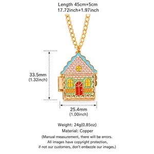 18K vergoldete Haus-Medaillon-Halskette mit bunten Emaille-Fenstern und Kette