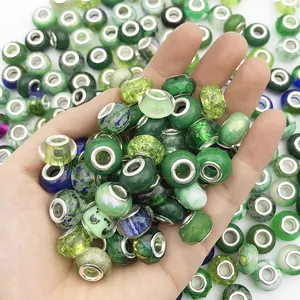 Collection of 80 green mixed glass large hole beads for DIY jewelry making bracelets