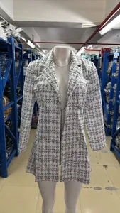 White and black plaid slim fit blazer for women featuring notch lapels and gold buttons