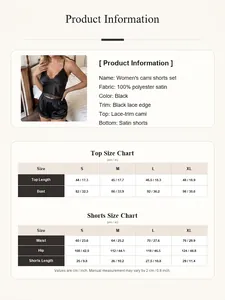 Maattabel en specificaties voor dames satijnen pyjamaset met kanten rand in zwart.