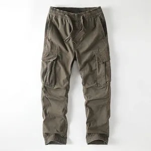 Men American Retro Cargo Pants Multi-Pocket Loose Straight Outdoor Jogger Casual Cotton Trousers With Drawstring Waist