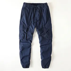 Men Casual Cargo Pants American Retro Cotton Loose Jogger Pants Multi-Pocket Drawstring Elastic Waist Spring Autumn Sweatpants