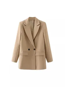 Professional women's double-breasted beige blazer jacket with notched lapel design