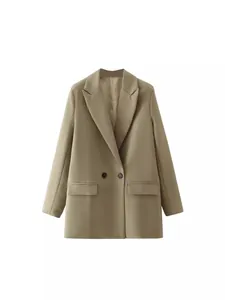 Elegant light gray double-breasted blazer for women, chic casual spring office jacket