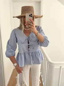 Women Plaid Blouse Peter Pan Collar Bow Tie Front Ruffle Peplum Top 3/4 Puff Sleeve Loose Gingham Shirt Summer Streetwear