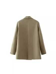 Rear view of a fashionable casual khaki oversized blazer jacket for women with clean lines