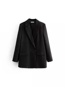 Elegant women's black double-breasted blazer with notched lapels and pocket detail.