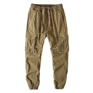 Men's vintage loose cargo pants with drawstring waist and elastic cuffs in khaki